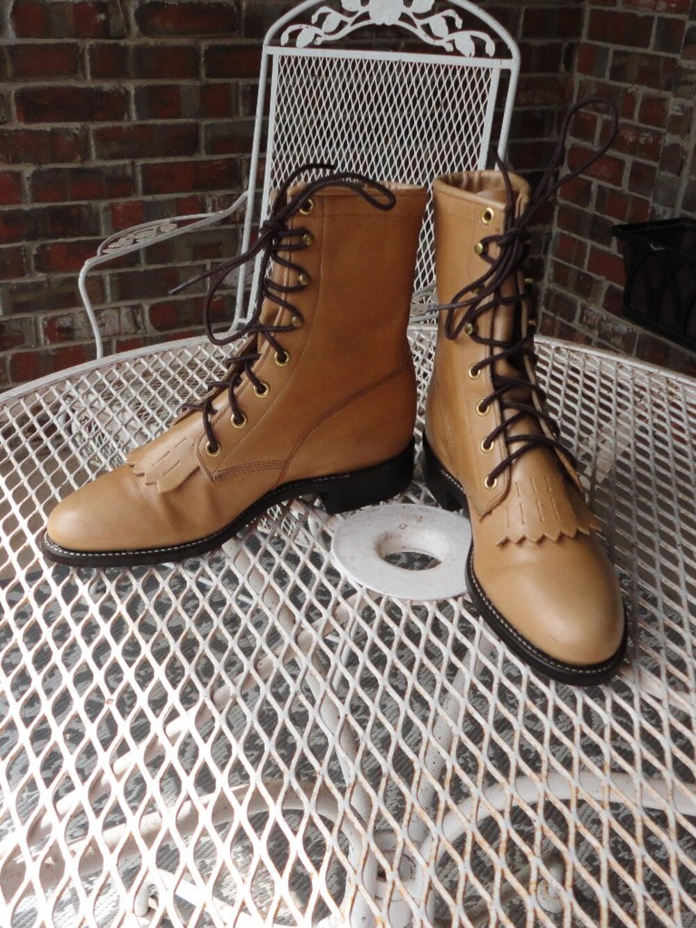 JUSTIN Women's Blonde Vintage Leather Lace Up Kiltie Western Boots Size 5.5